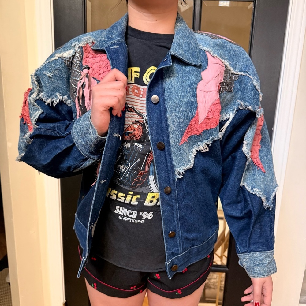 Rare Vintage 80s Denim Jacket with Pink Leather Accents - Picture 3 of 12